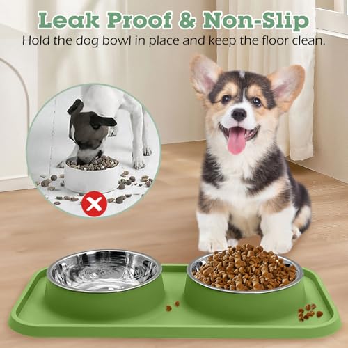 BNOSDM 2 Pcs Double Dog Food Bowls Stainless Steel Small Dog Food and Water Bowls with Non-Spill Plastic Mat Pet Cat Feeder Dish Set for Puppy Cats Kitten (Pink and Drak Green) - color: Pink+Drak Green