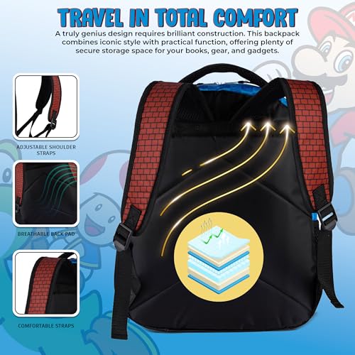 AI ACCESSORY INNOVATIONS Super Mario Brothers Backpack for Boys & Girls, 16 Inch Gaming Bookbag with Molded Toad Dangle, Blue, Featuring Mario, Luigi, Yoshi & Toad - color: Super Mario Bros