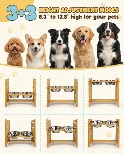 Jovrun Elevated Dog Bowls, Adjustable Raised Dog Bowl Stand for Medium Size Dogs, 15°Tilted Elevated Dog Bowls, Durable Bamboo Dogs Feeder with 2 Stainless Steel Bowls and Non-Slip Feet - color: Bamboo, size: 6.3″-12.8″For Small and Medium Dogs