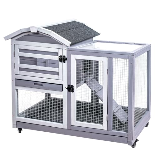 GEGURI Rabbit Hutch Indoor Rabbit Cage Outdoor, Wooden Bunny Cages for Guinea Pig with Wheels, Removable Tray, Ramp