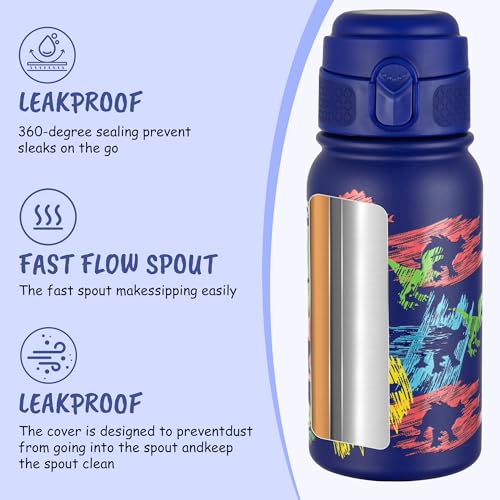 GOPPUS Kids Insulated Water Bottle 12oz, Leakproof Stainless Steel Thermos, BPA Free Double Wall Vacuum Insulated Bottle for School, Travel, Sports & Outdoor Activities, Boys Girls - color: Blue sketch dinosaur