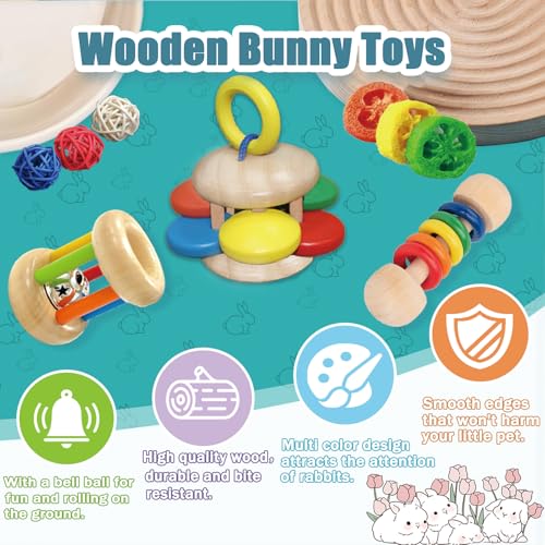 QWR 9PCS Wooden Bunny Toys,Safe Rabbit & Guinea Pigs Teeth Grinding Toy for Chinchillas, Hamsters & Small Animals - Indoor & Outdoor - size: 9PCS