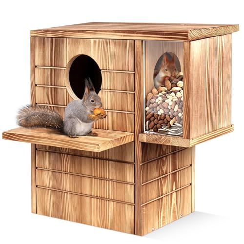 Squirrel House for Outside with Feeder, 2-in-1 Weatherproof Pine Wooden Large Squirrel Nesting Box with Predator Guard & Easy Assembly, Chipmunk House for Breeding Living, Year-Round Shelter