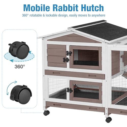 Rabbit Hutch Indoor, 62’’ Bunny Hutch Outdoor, Mobile Rabbit House with Wheels, Wooden Bunny Cage with Leakproof Tray, Chew-Proof Ramp for Guinea Pig(Brown) - color: Brown