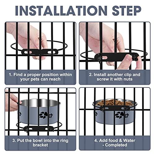Kennel Water Bowl, ShineMe Stainless Steel Pet Food and Water Feeder Dishes - Attachable Dog Crate Bowls Hanging 2 Pack No Spill for Medium & Large Dogs (7.1x2.9” & 6.2x2.6”) - color: Grey, size: L (54oz+34oz)