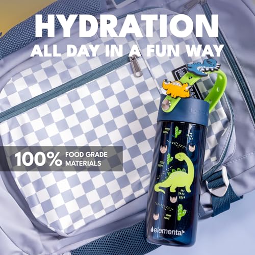 Elemental Water Bottles for Kids - Splash Kids Water Bottle for School with Fun Charm Handle - BPA Free Tritan Plastic Bottle with Straw Leak Proof When Spout is Closed - 18oz - Dinosaur Friends - color: Dinosaur Friends