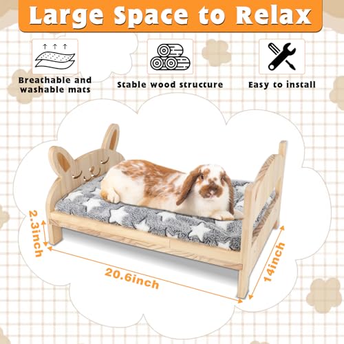 BWOGUE Large Wooden Rabbit Bed, Bunny Bed with Removable Cushion, 2-in-1 | Bunny Wooden Bed, Wooden Bed for Rabbits, 20.5 x 14.3 in, Folding Frame, Raised Resting Spot, Guinea Pigs, Kittens, Rabbits - size: 20.6''×14.7''×3.7''