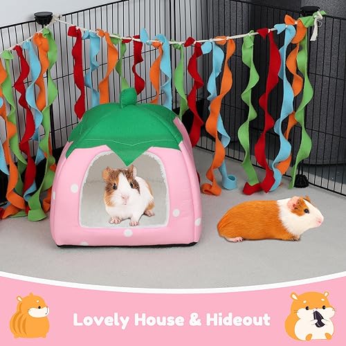 BWOGUE Guinea Pig Bed Hideout, Washable Hamster Cave for Small Animals | Removable Cushion for Cleaning, Warm Fleece Nest, Washable Bed, 10 x 9.8 x 9 in, Dwarf Rabbits Hedgehogs - color: Strawberry Pink
