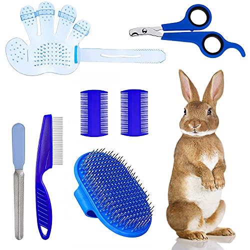 7-Piece Small Pet Grooming Kit with Brush, Nail Clippers, and Adjustable Strap for Rabbits, Hamsters, Guinea Pigs (Blue) - color: Blue