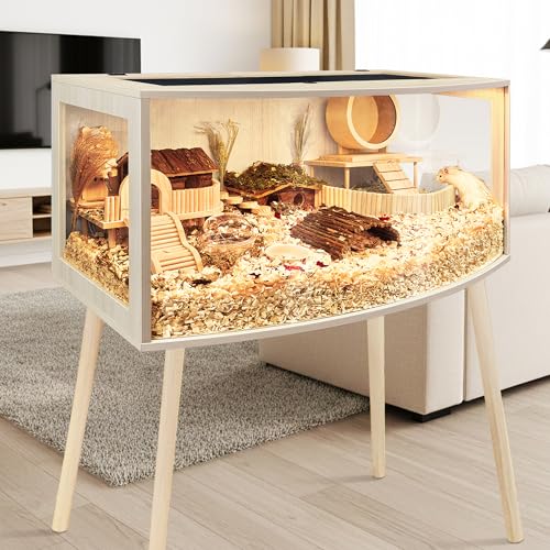 Prolee Hamster Cage with Curved Design,Chew Proof Wooden Hamsters Enclosure with Leg Stand and Openable Top or Gerbils,Hamster Habitat - size: 32.0"L x 16.0"W x 16.0"H