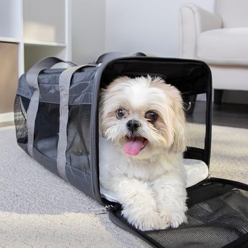 Sherpa Pet Carrier Airline Approved with Spring Wire Frame - Cat Carrier and Dog Carriers for Airline Travel and Vet Visits, Mesh Ventilation, Locking Zippers - Charcoal Grey, Large - color: Charcoal Gray, size: 19.0"L x 11.5"W x 11.8"H