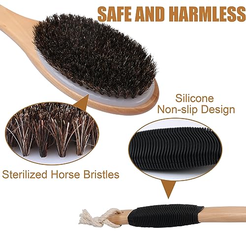 OWIIZI Antiskid Back Scrubber for Shower with Natural Horsehair Bristles | 17.2" Wooden Curved Long Handle Bath Brush,Shower Brush for Exfoliating,Back Scrub Deep Cleanse for Back Use Wet or Dry