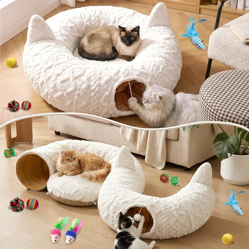 OurWarm Large Cat Tunnel Bed for Indoor Cats with Soft Cushion & Cat Toys, Round Under Tree Cats Donut Tunnel Christmas Tree Skirt, White Plush Pet Peekaboo Cave for Kitten/Puppy/Rabbit to Play - color: Grid
