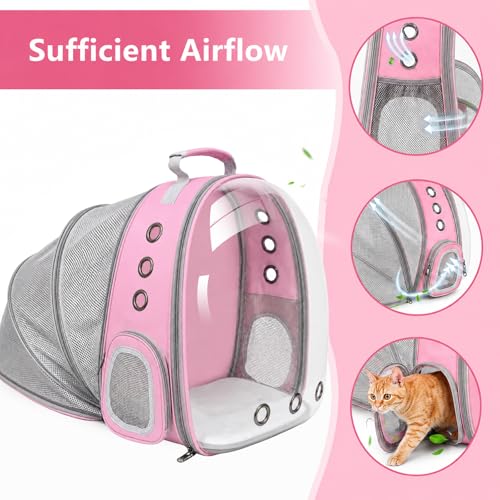 Expandable Cat Carrier Backpack with Bubble Window, Pink | Breathable mesh, anti-collapse frame, side door, safety leash and escape-resistant zippers for vet visits and outdoor travel. - color: Pink