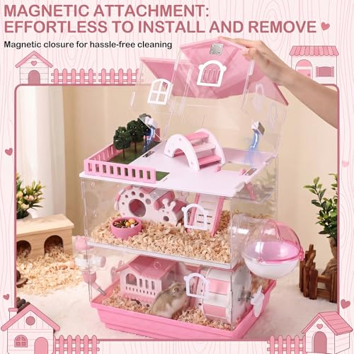 Eccliy 15 in 1 Clear 3-Layer Acrylic Hamster Cage with All Accessories, 20 x 13.7 x 10 Inch Dwarf Hamster House, Magnetic Connection Small Pet Enclosure, Garden Style Mouse Cage for Pet Mice - color: Pink