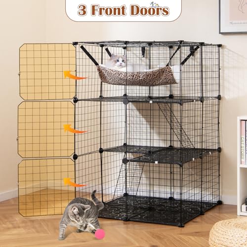 Tangkula Cat Cages Indoor, 3-Tier Cat Enclosure with Skylight, Extra Large Hammock, 2 Ladders, Detachable Metal Wire Kennel with 3 Lockable Doors, DIY Cat Crate & Pet Playpen Catio for 1-3 Cats Kitten - size: 29.0"L x 29.0"W x 42.0"H