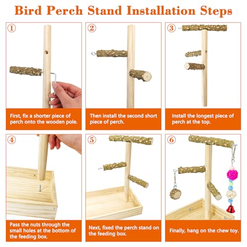 BNOSDM Wooden Bird Feeder for Cage Natural Wood Parrot Feeding Cups Bird Food Dish with Perch Stand for Parakeets, Budgies, Cockatiels, Lovebirds, Finches, Pigeons - size: L:12 x 6 x 1.6in