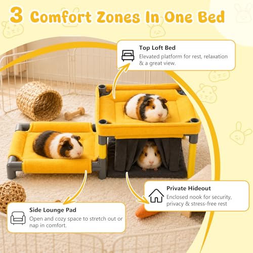 Guinea Pig Bunk Bed 27.5 x 9.8 x 7.5 in, 2-tier Small Animal Hideout with Washable Pads & Soft Curtains, Space-saving Cozy Corner Bed for Guinea Pigs, Chinchillas, Ferrets, Dwarf Rabbits (Large)