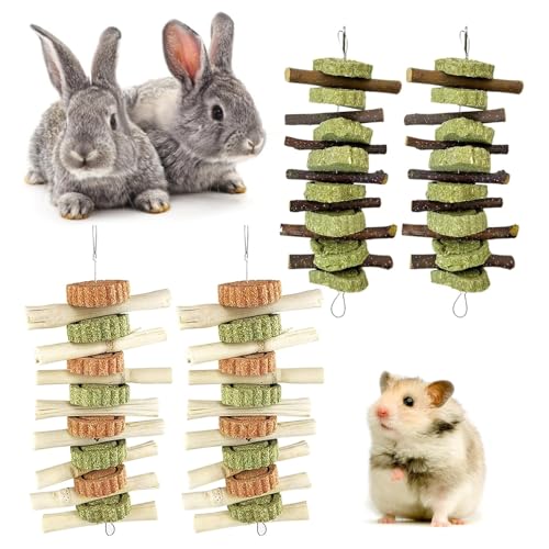 Hamiledyi 4PCS Bunny Chew Toys Rabbit Hanging Toys for Teeth Grinding Natural Apple Wood Sweet Bamboo Sticks Timothy Grass&Carrot Cake for Chewing/Improving Rodent Animals Dental Health - style: Style B