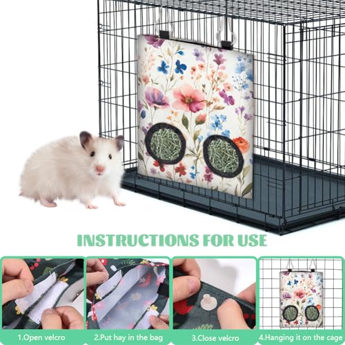 2Pcs 2 Styles Guinea Pig Hay Feeder Rabbits 11.6 x 9.1 Inch, Hanging Hay Feeder Bag Cloth Washable Flowers Feeding Storage Holder with 2 Holes for Bunny Chinchillas Hamsters Small Animals - color: Flower-1