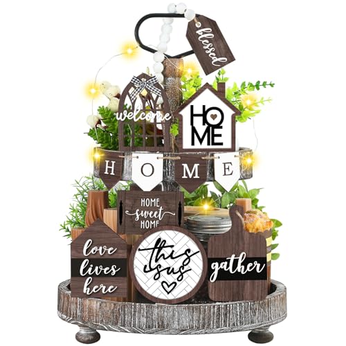 FairySandy 11 Pcs Home Tiered Tray Decor Spring Rustic Farmhouse Tiered Tray Decorations Set Home Wooden Signs Vintage Farm Animal Farmhouse Tabletop Wood Signs for Kitchen Table Shelf Decor - style: Brown Style