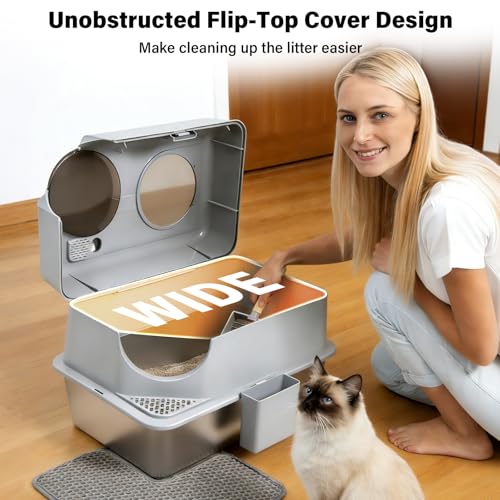 Stainless Steel Litter Box with Lid,Extra Large Enclosed cat Litter Box | Enclosed Metal litterbox with Flip Top,Front and Top Entry,Anti-Leakage,Easy Cleaning,Includes Scoop & Mat - color: Enclosed-XL