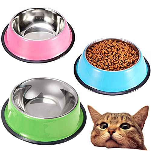 YUDANSI Stainless Steel Cat Bowls 3 Pack, Puppy Small Medium Dogs Feeder for Food Water, Shallow Dish Set Multi-Color for Wet Food Kibble Treats, Non Slip Anti Overturning Feeding Plate for Large Cat - color: 7 in.