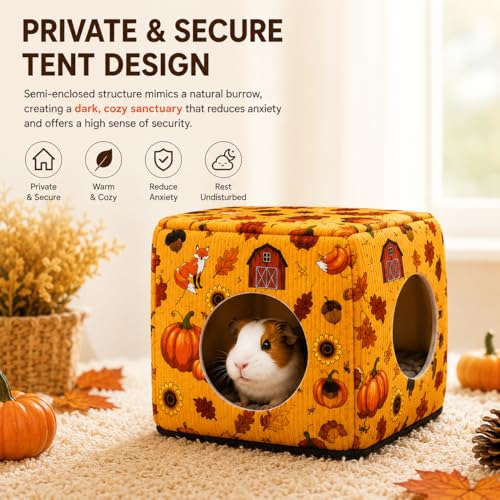 Guinea Pig Hideout House with Removable Cushion, Washable Small Animal Cube Bed, Cozy Bunny Hideaway for Guinea Pigs, Chinchillas, Hedgehogs, Hamsters & Dwarf Rabbits - color: Orange Pumpkin