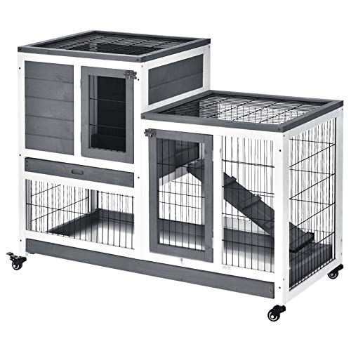 PawHut Wooden Rabbit Hutch Elevated Bunny Cage Indoor Small Animal Habitat with Enclosed Run with Wheels, Ramp, Removable Tray Ideal for Guinea Pigs, Grey | Small Animal Habitat, Enclosed Run, Wheels, Ramp, Removable Tray for Rabbits, Chickens, Ducks - co