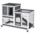 PawHut Wooden Rabbit Hutch Elevated Bunny Cage Indoor Small Animal Habitat with Enclosed Run with Wheels, Ramp, Removable Tray Ideal for Guinea Pigs, Grey | Small Animal Habitat, Enclosed Run, Wheels, Ramp, Removable Tray for Rabbits, Chickens, Ducks - co