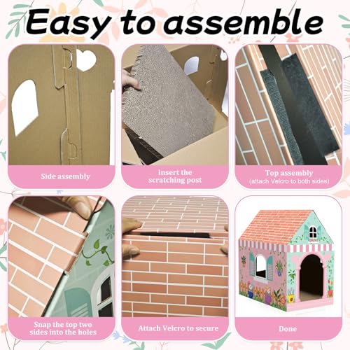 Cinrobiye Cardboard Cat House with Scratcher Spring Pet Board Bed Cave Playhouse Hideaway Hideout Condo Decor Small Animals Scratch Box for Indoor Cats Kittens Rabbits Bunny - color: Pink