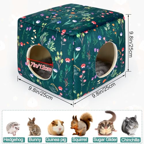 Bienbee Guinea Pig Hideout, Washable Plush House for Small Animals | Guinea Pig House with 2 Wide Entrances, Removable Mat and Non-skid Bottom,Warm and Cozy for Small Pet's Resting and Hiding - color: Green Flowers