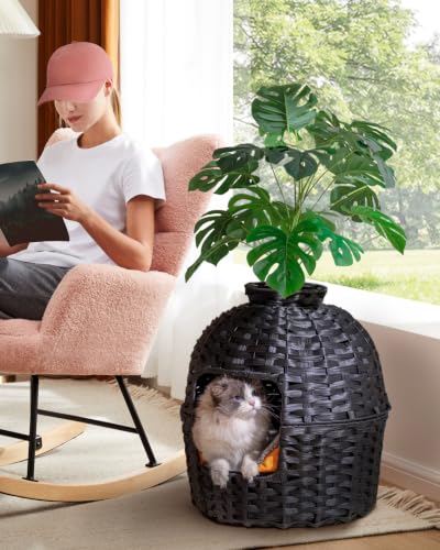 SETVSON Cat Litter Box Plant Furniture Enclosure, PE Rattan House, Black | Decorative Planter Design, Easy Clean, Artificial Plants & Real Stones Included, Private Inner Litter Box, 20" x 20" Compact - color: Black