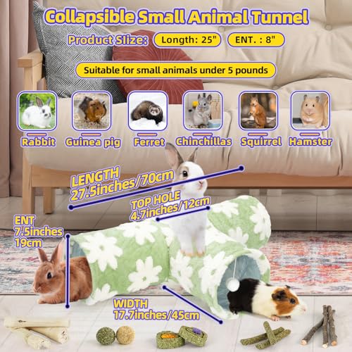 Bunny Tunnels & Tubes Collapsible 3 Way Rabbit Hideout with 13pcs Toys for Bunny Guinea Pig Hamster Chinchilla Hedgehog Rat Ferret Kitten (Flannel Flower) - color: Flannel Flower