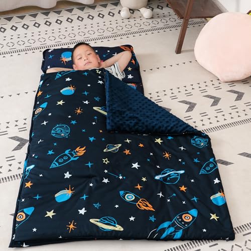 david's kids Minky Toddler Nap Mat with Removable Pillow and Minky Fleece Blanket, 55"x23",Soft Slumber Bags for Boys, Perfect for Preschool, Daycare, Kids Sleeping Bags with Rollup Design, Space - color: Space