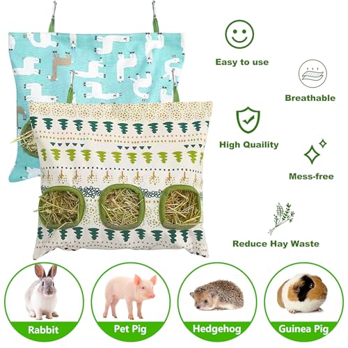 Lesnala 2 Pcs Canvas Hanging Bunny Hay Feeder Bags 3 Holes 2 Styles | Rabbit hay feeder Bag, Guinea Pig Hay Bag, Large Capacity Cotton Canvas Fabric, for Chinchillas Hamsters & Other Small Pets - color: green