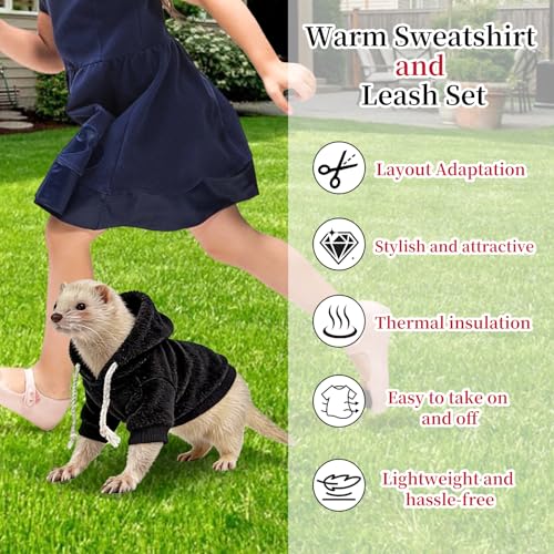 Ferret Clothes and Leash Set, Warm Hoodie Sweater with Harness and Leash for Outdoor Walking, Cozy Wear for Ferrets, Chinchillas, Small Pets, Adjustable Small Pet Outfits (Black) - color: Black