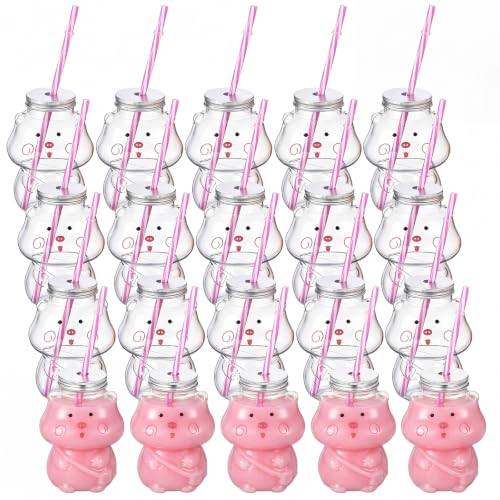 Sliner Pig Cup Christmas Bottles with Straws Including 20 Pcs Empty Plastic Pigs Drink Bottle & 20 Pcs Straws & Caps for Christmas Party Juice Milk Cup Drink Water Containers(20 Set, Pig) - style: Pig