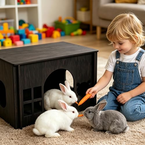 Large Sturdy Wooden Rabbit Castle Hideout with Spacious Balcony, Detachable Bunny Playhouse Hideaway Cage Accessories, Indoor Habitat Toys for Guinea Pig Chinchilla Hamster Gerbil Small Animals - color: Walnut Style 2, size: Medium