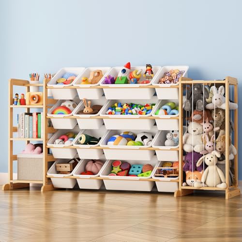 Toy Storage Organizer with Bookshelf and Stuffed Animal Storage - Playroom Organization with Shelves and 12 Bins - Living Room Box for Lego - Bedroom Decor Essential - color: White, size: 67"W,3 Shelves,16 Bins