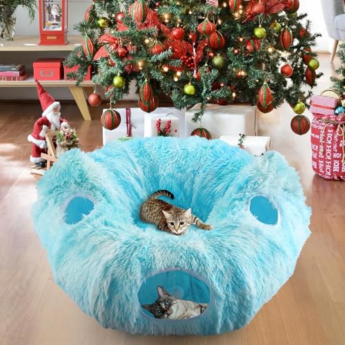 Cat Tunnel Bed, 3-in-1 Collapsible Cat Tube with Removable Washable Cushion, Multi-Shape (U/S/Half-Round) Playhouse with Peekaboo Holes, Hanging Balls & Cat Ears for Cats, Small Dogs, Rabbits - color: Sky Blue