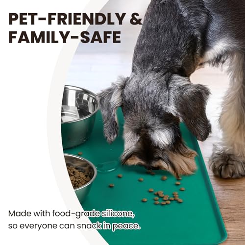 VIVAGLORY Pet Food Mat Flexmat Dog Bowl Mat, L, Deep Green | Non Slip Silicone for Pet Kitten & Doggy, Placemat with Lip for Floor - color: Deep Green, size: L (24.0 x 15.7in)