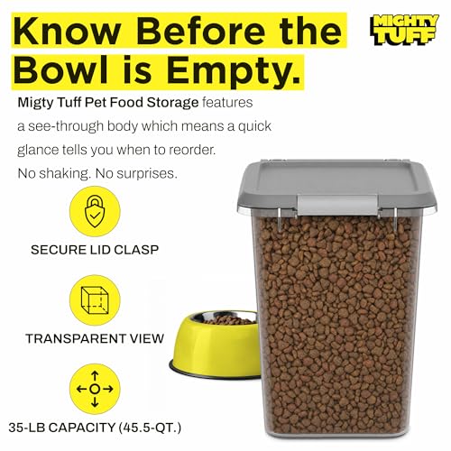 Mighty Tuff 35 lb Pet Food Storage Container with Airtight Lid, Clear | Secure lid clasp helps keep dog and cat food fresh while the clear container simplifies pantry organization.