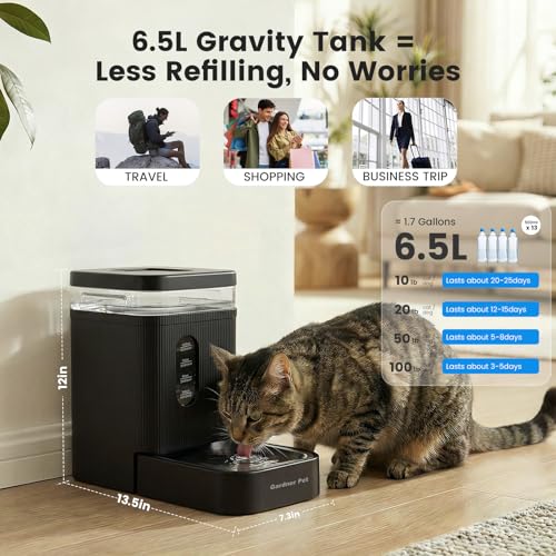 Gardner Pet 1.7 Gallon Automatic Dog Water Bowl Dispenser 6.5L Gravity Water Feeder with Stainless Steel Bowl & Maifan Stone Filter, BPA-Free for for Cats and Dogs (Black, 1.7 Gallon) - color: Black, size: 1.7 Gallon
