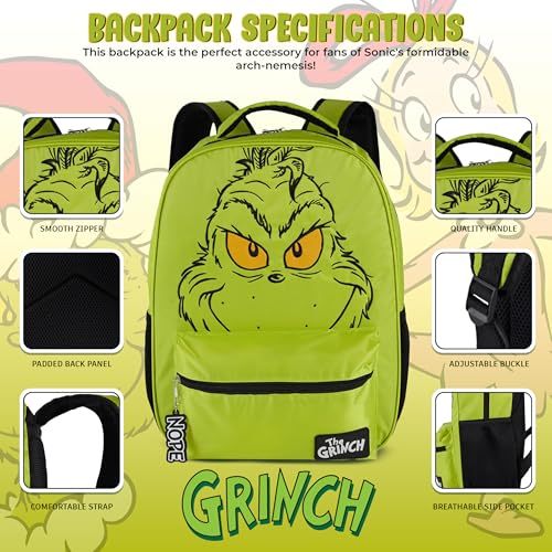 AI ACCESSORY INNOVATIONS Dr. Suess’s The Grinch Backpack for Boys & Girls Featuring a Big Face Grinch, 16”Bookbag w/Molded Nope Dangle, Green - style: Grinch Backpack