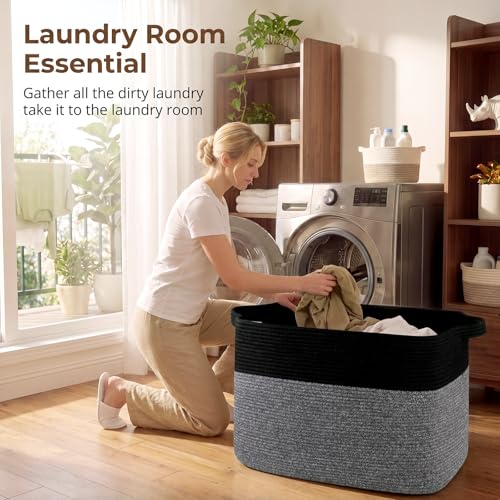 OIASKET 108L Cotton Rope Storage Basket for Living Room and Bedroom 25"x16"x16" Woven Laundry Basket, Heavy Duty Bin for Blankets, Pillows & Toys, Pet-Safe & Scratch-Free, Black - color: Black