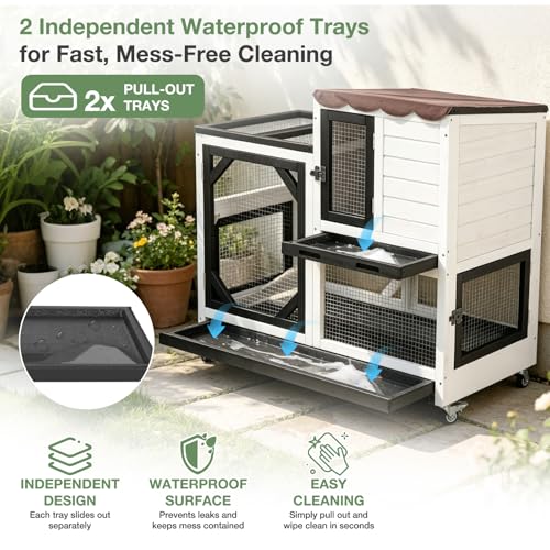 Large Rabbit Hutch Outdoor, 2-Tier Bunny Hutch with Wheels and Waterproof Roof, Wooden Guinea Pig Cage with Leak-Proof Pull-Out Trays, Multi-Door Bunny Cage for Small Animals-Black and White - color: Black and White-AIR7013