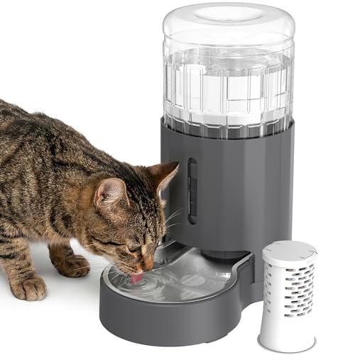JUNSPOW Cat Water Dispenser with Filter and Stainless Steel Bowl (4L Grey) | Automatic Gravity Water Dispenser for Cats or Small Medium Size Dogs, Large Capacity, Easy to Clean - color: Grey, size: 4L + Filter