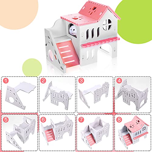 Skylety 5 Pcs Hamster Toys Include Wooden Accessories Hamster House Guinea Pig Hideout Rainbow Bridge Seesaw Swing Exercise Circle Cage Toy for Small Animals(6.3 x 3.93 x 5.5 inch,Pink) - color: Pink