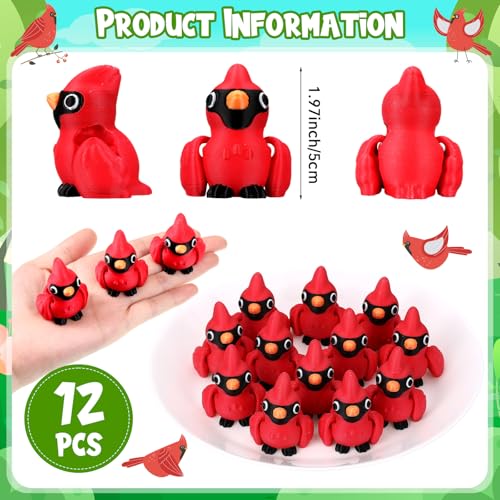 Honoson 12 Pcs 3D Printed Animals 5-7cm, Cardinal Bird | Articulated Fidget Animals, Flexible 3D Printed Figures for Stress Relief, Cute Mini Joints for Party Favors and Display - size: 5-7cm, style: Cardinal Bird